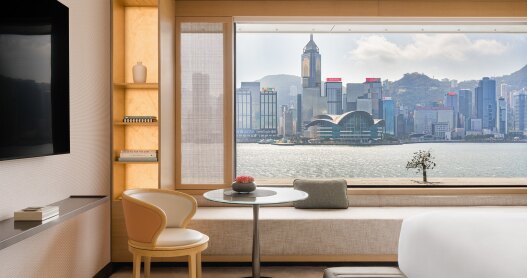 This guest room at the Regent Hong Kong features views of Victoria Harbour.