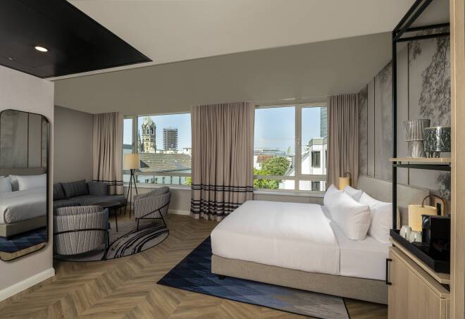 A view overlooking West Berlin from one of the modern guest rooms at DoubleTree by Hilton Berlin Ku'damm.